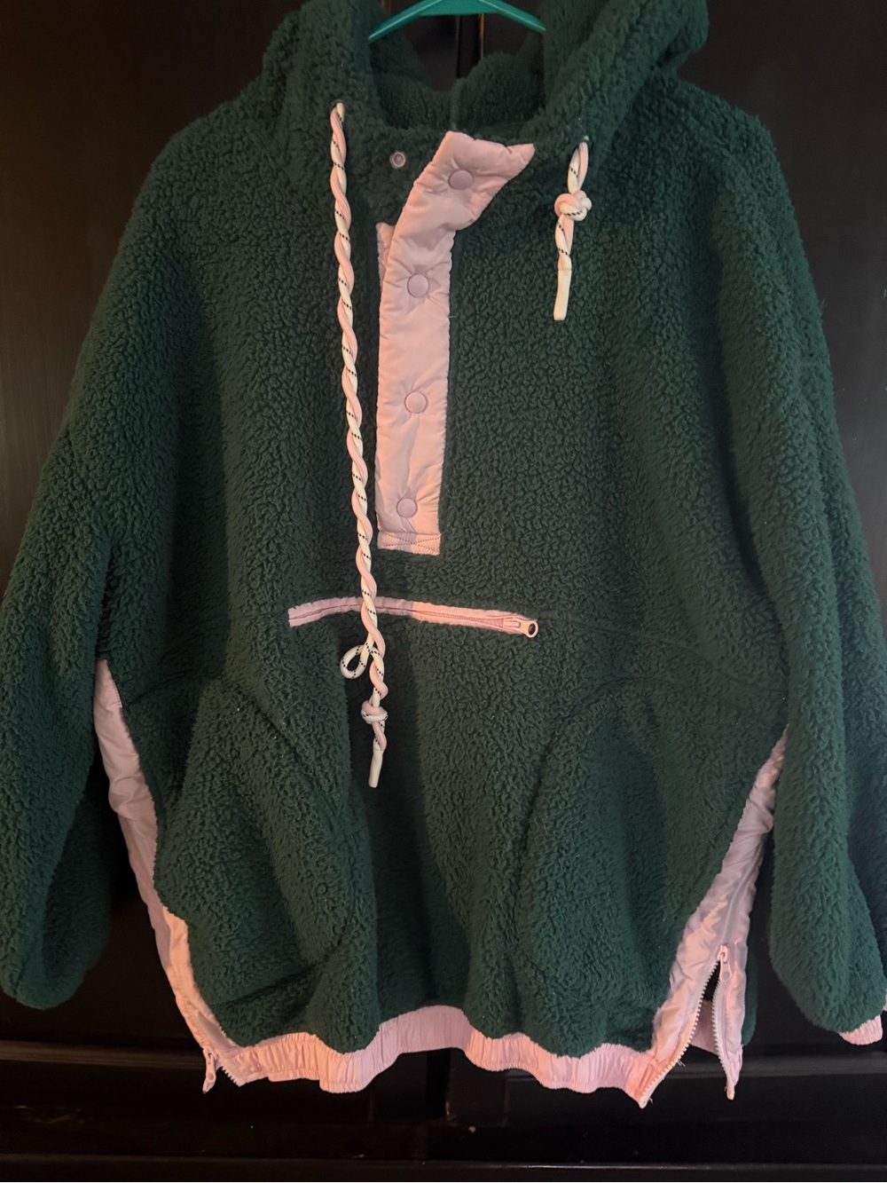 Altar'd State Dark Green Teddy Jacket with Light Pink Trim